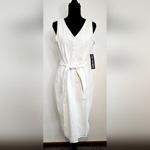 Nina Leonard White Sleeveless Midi Dress Belted V-Neck Gold Zip NWT Size Medium
